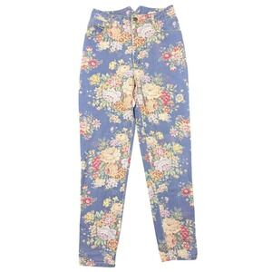 Paris Blues Vintage Floral High Waisted Tapered Leg Denim Jeans Blue Pink Size 7